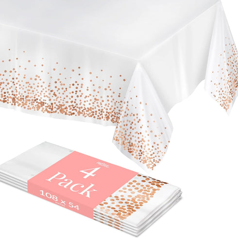 Prestee 4 Pack Rose Gold Plastic Table Cloth Disposable - 54x108 Inch Rectangle Tablecloths for Wedding and Party -