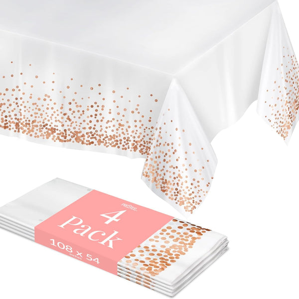 Prestee 4 Pack Rose Gold Plastic Table Cloth Disposable - 54x108 Inch Rectangle Tablecloths for Wedding and Party -