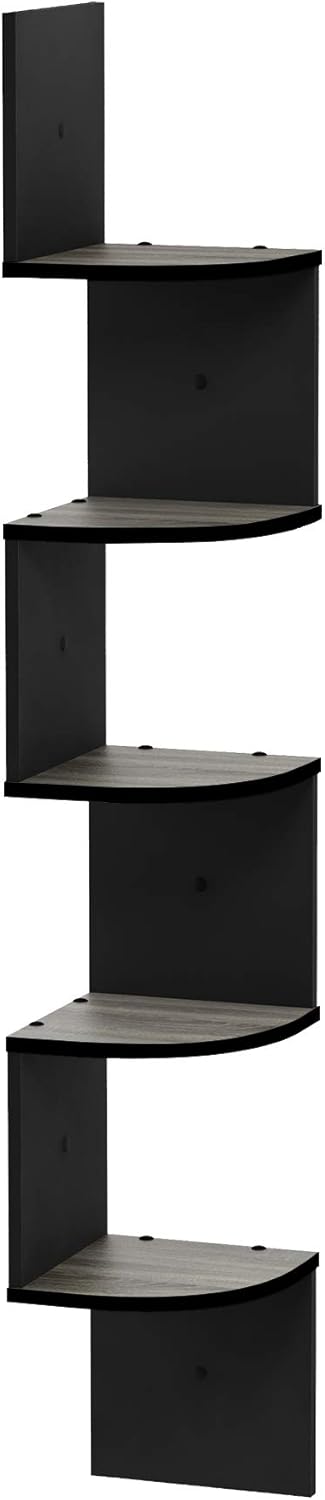 5-Tier Furinno Rossi Wall Mount Floating Corner Shelf, Radial, French Oak Grey/Black
