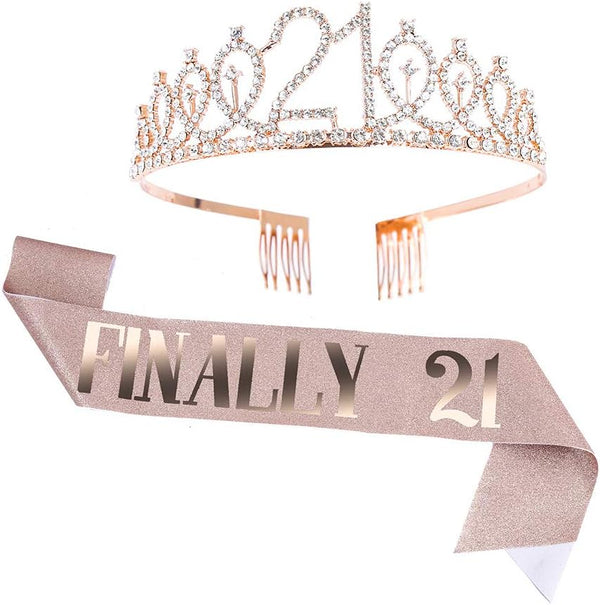 Finally 21 Rose Gold Sash and Crystal Tiara Set for 21st Birthday Party Decorations