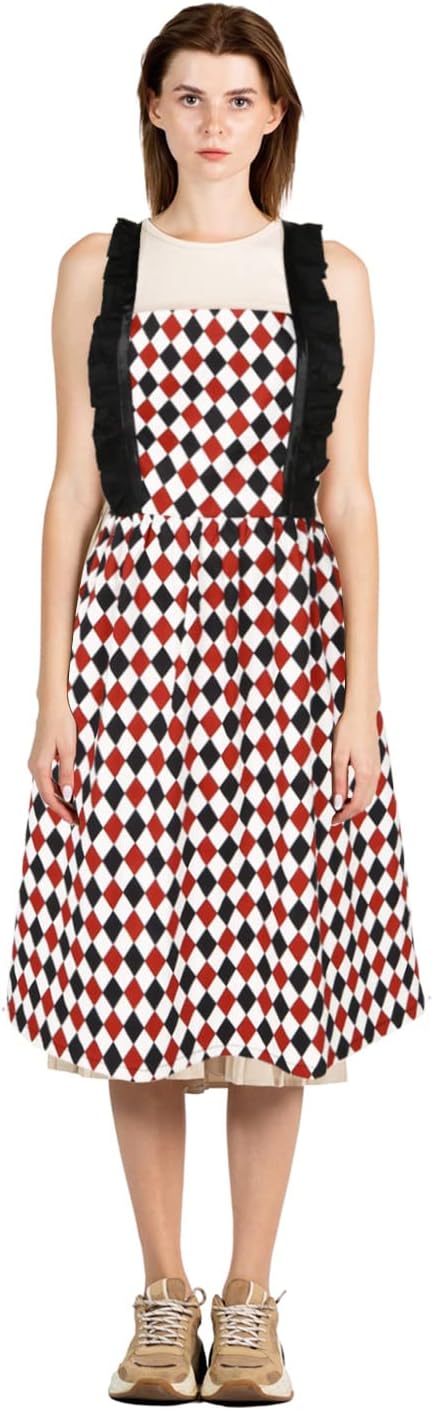 Violet Mist Cotton Linen Apron, Women Cross Back Apron with Pockets, Vintage Black and Red Argyle Pinafore Dress