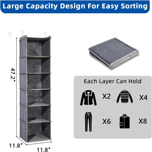6-Shelf Closet Closet 2 Hanging Organizer and Storage, Collapsible Hanging Shelves for with Side Pockets, Hanging Shoe