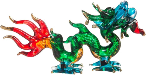 Tiny 3¼" Green Blue Red Chinese Asian Dragon Figurine, Miniature Hand Blown Glass Painted Collectible