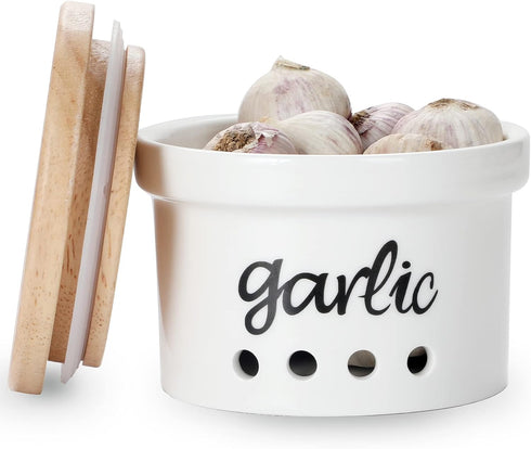 Ceramic Garlic Keeper with Wooden Lid, Farmhouse Kitchen Decor, Countertop Garlic Saver Container