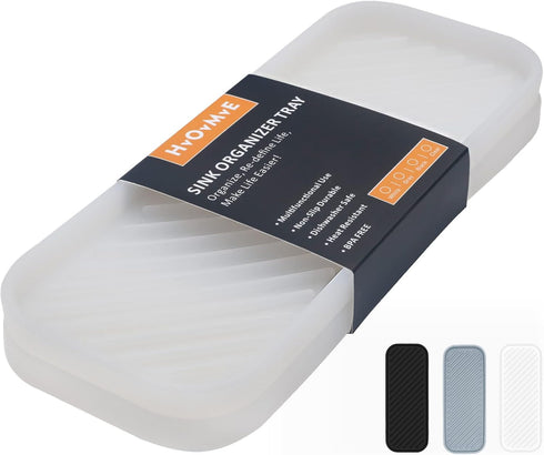 Silicone Organizer Tray, 2 Pack, Clear Soap and Sponge Holder for Kitchen Sink & Bathroom, Dish Brush Storage