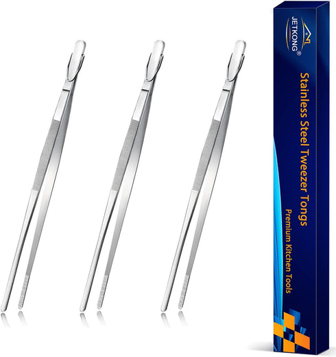 JETKONG Serving Tweezer Tongs - 9-Inch Cooking Tweezers, Set of 3 (9 Inch, Silver)