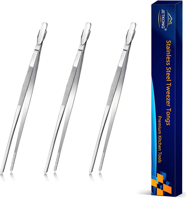 JETKONG Serving Tweezer Tongs - 9-Inch Cooking Tweezers, Set of 3 (9 Inch, Silver)