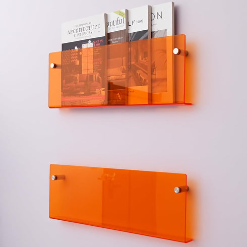 2 Pack Orange Acrylic Magazine Holder, Wall Mount Hanging Bookshelf Literature Storage Rack, Brochure File Display
