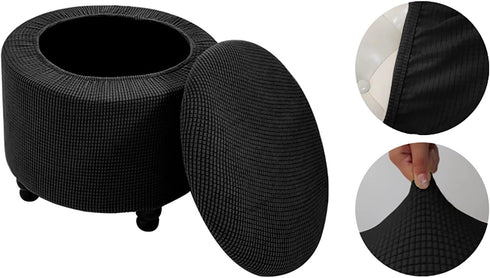 2-Piece Round Ottoman Cover with Storage Stretch Stool Slipcover Soft Footstool Protector Covers Removable Washable