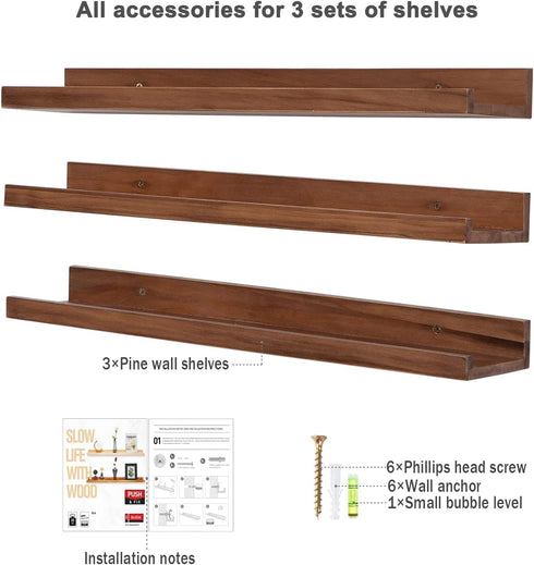 24 Inch Set 3 AZSKY Floating Photo Shelves Fair Light Walnut Picture Ledge for Storage Wall Book Shelves Hanging