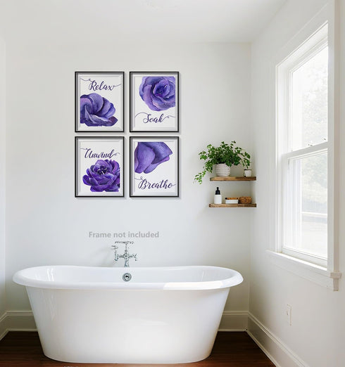 heshengzaixian Purple Flower Bathroom Wall Art Print, Mauve Rose Floral Relax Soak Unwind Quotes, Set of 4, 8X10in