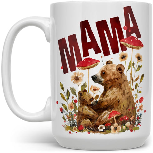 Woodland Mama Bear Ceramic Coffee Mug - Nature Forest Mom Birthday Cup, Mother's Day Gift (15oz)
