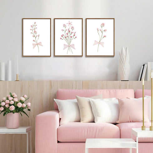 SongZest 3 12x16in Piece Pink Floral Framed Wall Art Boho Flower Nursery Canvas Art Prints Wildflower Bow Pictures Wall