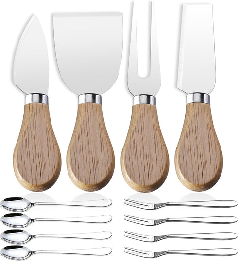 Mini Cheese Knife Set with Wood Handle, Stainless Steel Charcuterie Knife Set with 4 Fruit Forks & Spoons