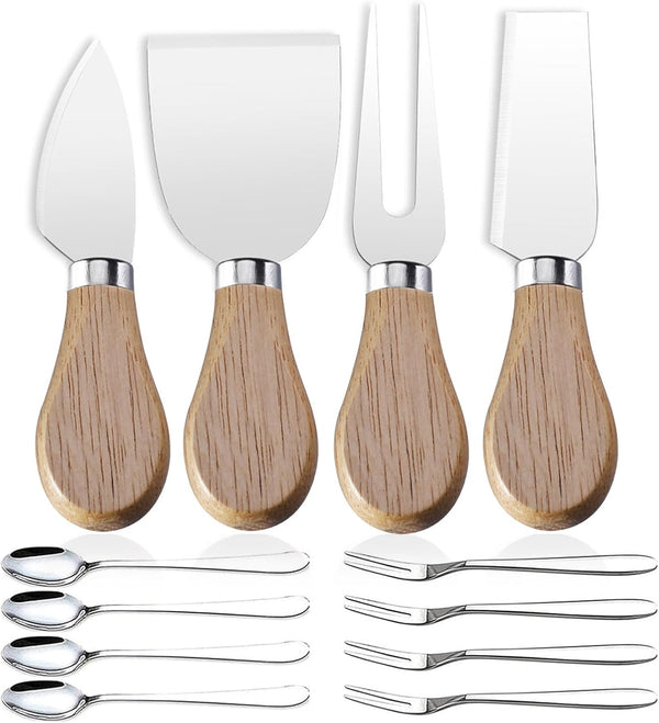 Mini Cheese Knife Set with Wood Handle, Stainless Steel Charcuterie Knife Set with 4 Fruit Forks & Spoons