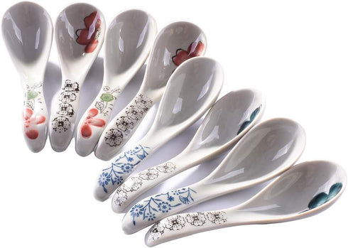 Japanese Style Soup Spoons Set of 8, Ceramic Ramen Spoons for Wonton, Salad, Porridge