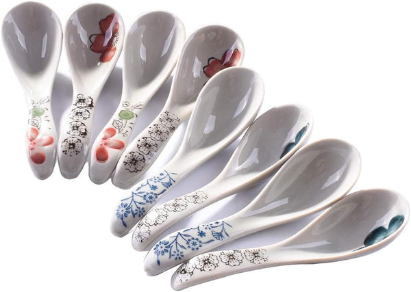 Japanese Style Soup Spoons Set of 8, Ceramic Ramen Spoons for Wonton, Salad, Porridge