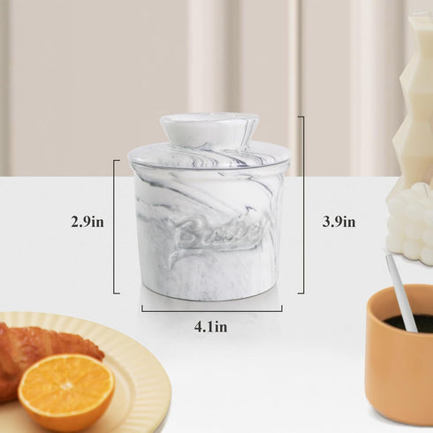 Butter Crock for Counter with Water, French Butter Keeper for Spreadable Butter Marble Ceramic Butter Dish with Lid for Countertop, Butter Container Holder, Home Kitchen Decor
