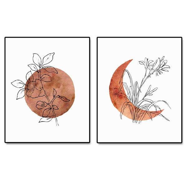 Terracotta Sun and Moon Print - Set of 2 Minimal Wall Art - 8x10 inch Flower Line Print, Boho Decor
