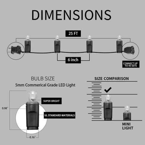 25ft 50 Counts Commercial 5mm IP65, JK5665 White LED Christmas Lights - Grade Outdoor Waterproof, Wide Angle Green