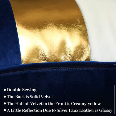 Navy Blue Beige Gold Leather Patchwork Velvet Throw Pillow Cover, Set of 2 Luxury Modern Home Decor Cushion Cover 12x20