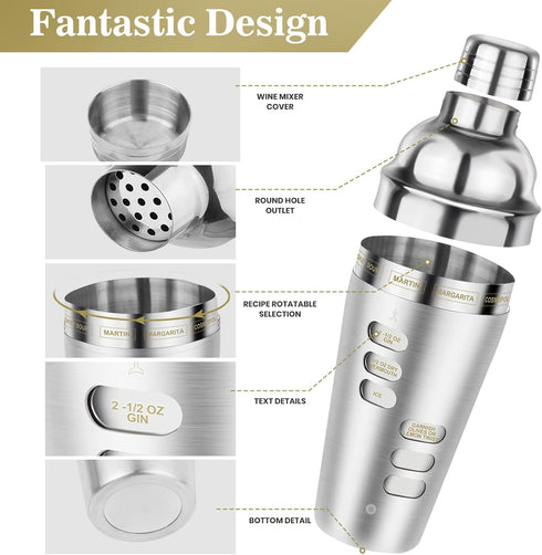 Cocktail Shaker Martini Shaker Set with Recipe, 24 oz Martini Shaker Drink Shaker Drink Mixer Stainless Steel Cocktail Shaker Set Bartender Kit