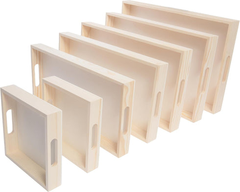 Set 7 Wooden Nested Serving Trays, Unfinished Rectangle Trays with Cut-Out Handles for Crafts, Ottomans, Serving