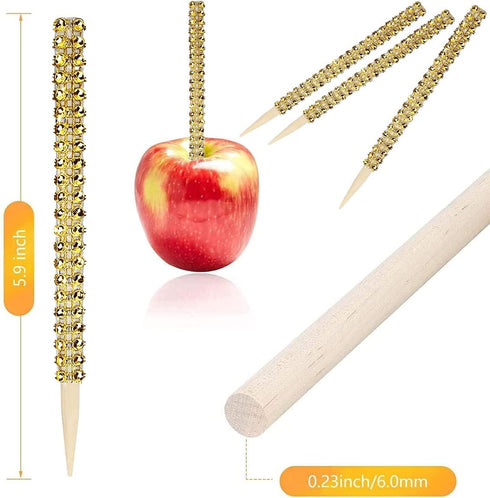 24 Pack Bling Candy Apple Sticks and Bags Kits, Caramel Apple Wooden Skewers, Food Bamboo Decorative Sticks for Treats