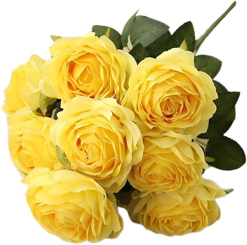 Jasion Artificial Roses Flowers - 10 Heads Silk Bouquet for Home Office Parties and Wedding Decoration (Yellow)