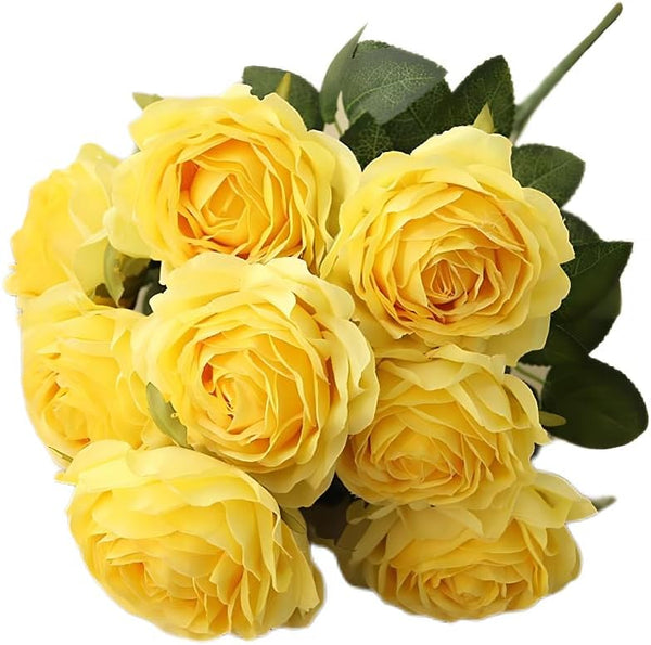 Jasion Artificial Roses Flowers - 10 Heads Silk Bouquet for Home Office Parties and Wedding Decoration (Yellow)