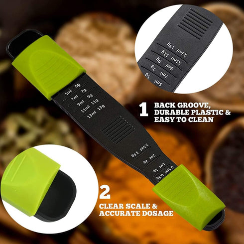 Performore Adjustable Measuring Spoon (Green, Black) with Double End Scale, 9 Stalls for Dry & Semi-Liquid Ingredients