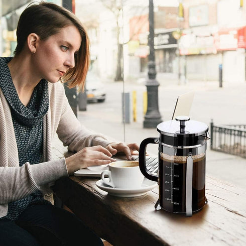 French Press Coffee Maker, 34oz 304 Stainless Steel with 4 Filters, Borosilicate Glass, Easy to Clean, Silver