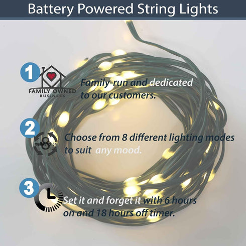 6hr QBIS Outdoor Christmas Lights - Fairy Lights Battery Operated with Small Warm White LEDs, Green Wire