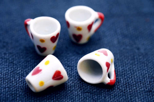 Inch 10 Set ChangThai Design Very Tiny White Red Hearts Ceramic Coffee Mug Pieces - Miniature Tableware Cup Tray Bowl