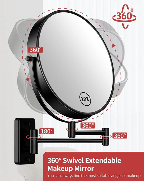 9" 1X/10X 360 Gospire Large Size Wall Mount Magnifying Mirror, Magnification Double-Sided, Swivel Extendable Cosmetic