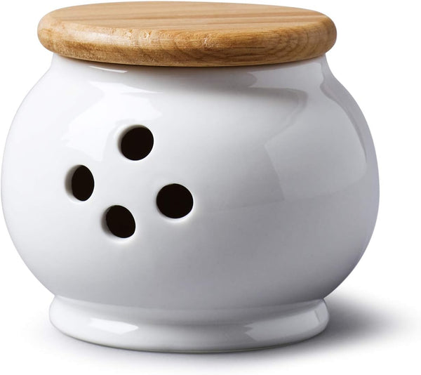 WM Bartleet & Sons 1750 Traditional Porcelain Garlic Storage Pot, 10cm, Wooden Lid, White, One Size