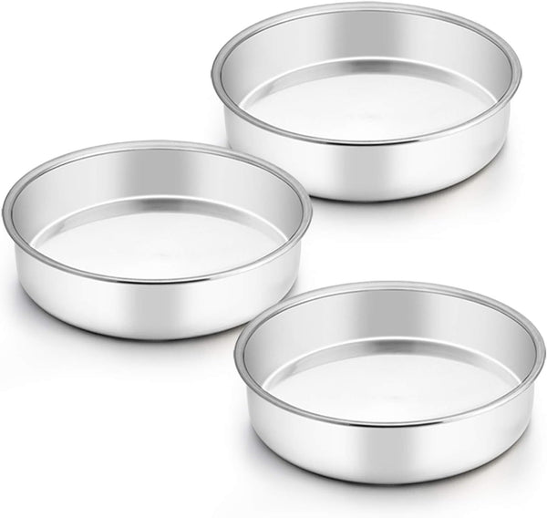 TeamFar 8 Inch Cake Pan Set, 3 Pcs Round Stainless Steel Tier Cake Pans, Healthy Heavy Duty, Easy Clean, Dishwasher Safe