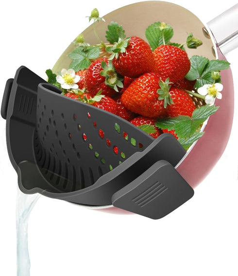 YEVIOR Clip on Strainer for Pots, Hands-Free Silicone Food Strainer for Pasta, Fits All Bowls and Pots (Black)