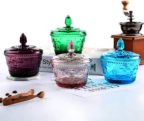 European Retro Nostalgic Three-Dimensional Relief Color Glass Jar with Lid for Candy or Seasoning