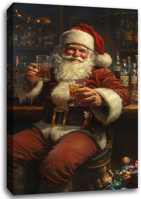 Vintage Christmas Prints Santa Drinking at Bar Poster Art,Funny Santa Claus Christmas