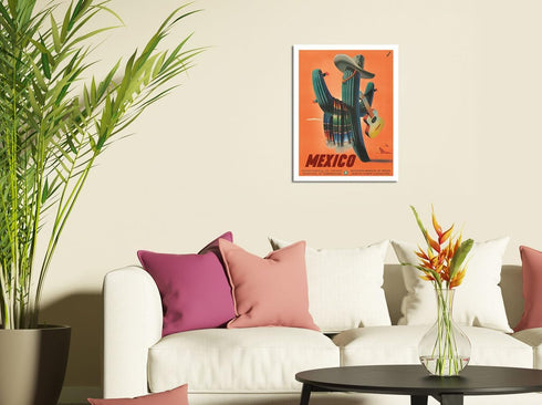 Mexico - Señor Cactus wearing Sombrero, Serape and Guitar, Vintage Travel Poster by Espert c.1945, 9in x 12in