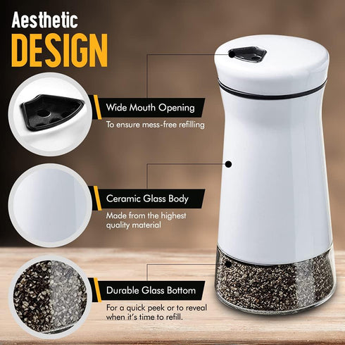 The Original Salt and Pepper Shakers Set - White Spice Dispenser with Adjustable Pour Holes, Stainless Steel & Glass,