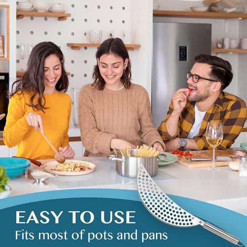 Pan Pot Strainer with Handle, Stainless Steel Hand Held Crescent Drainer for Pasta, Noodles, Fruit, Vegetable