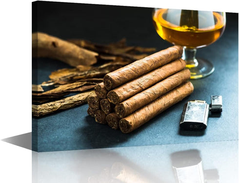 Whiskey Wall Art Cigar Prints with Cigarette Lighter for Living Room, Modern House Decor Framed 12"Wx18"H
