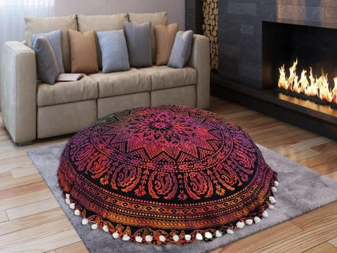 22 Inch Throw Floor Pillow Covers Tie Dye Round Pouf Seating Home Decor Flower Printed Indian Mandala Ottoman Cotton