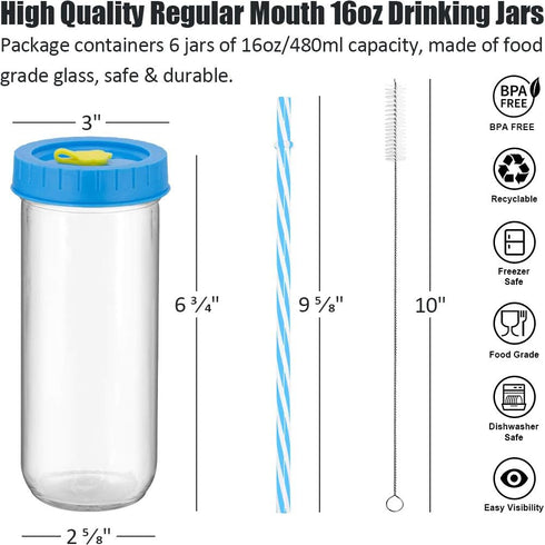 Glass Drinking Bottle Travel Jars 6 Pack, 16oz Mason Jars with Airtight Lids & Straws, Reusable Skinny Tumbler for