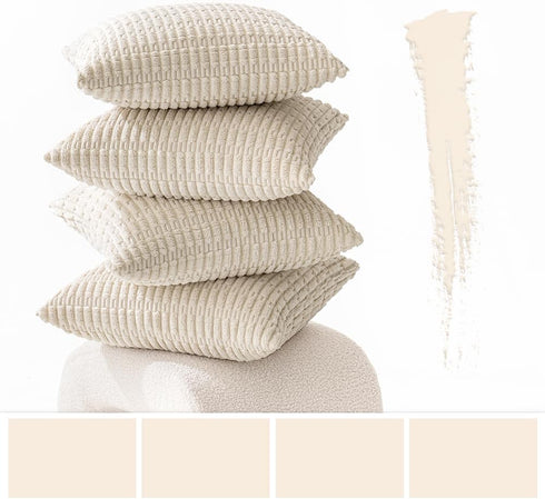 MIULEE Pack of 4 Cream White Corduroy Decorative Throw Pillow Covers, 22x22 Inch Soft Boho Striped Home Decor