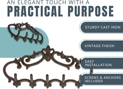 Cast Iron Wall Mounted Hanger, Vintage Design with 5 Hooks for Keys, Towels, Robes, 12.6x5.9, Brown
