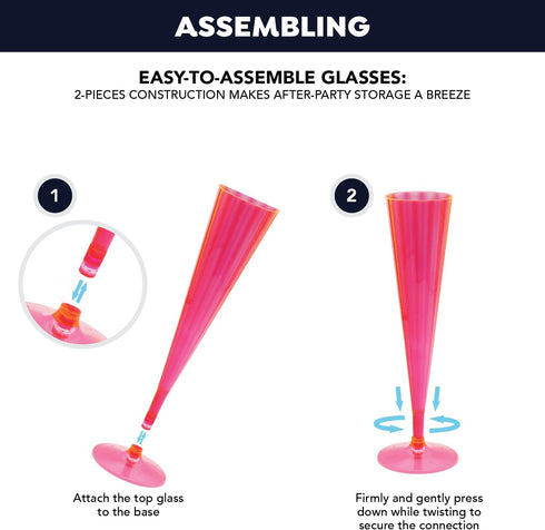 Party Essentials 20 Count Hard Plastic 5 oz Champagne Flutes, Neon Pink
