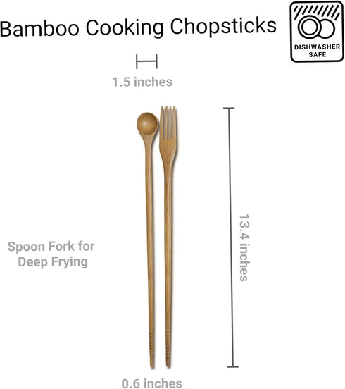JapanBargain 3789 Bamboo Cooking Chopsticks with Spoon and Fork, 3-in-1 Cooking Utensil for Deep Frying